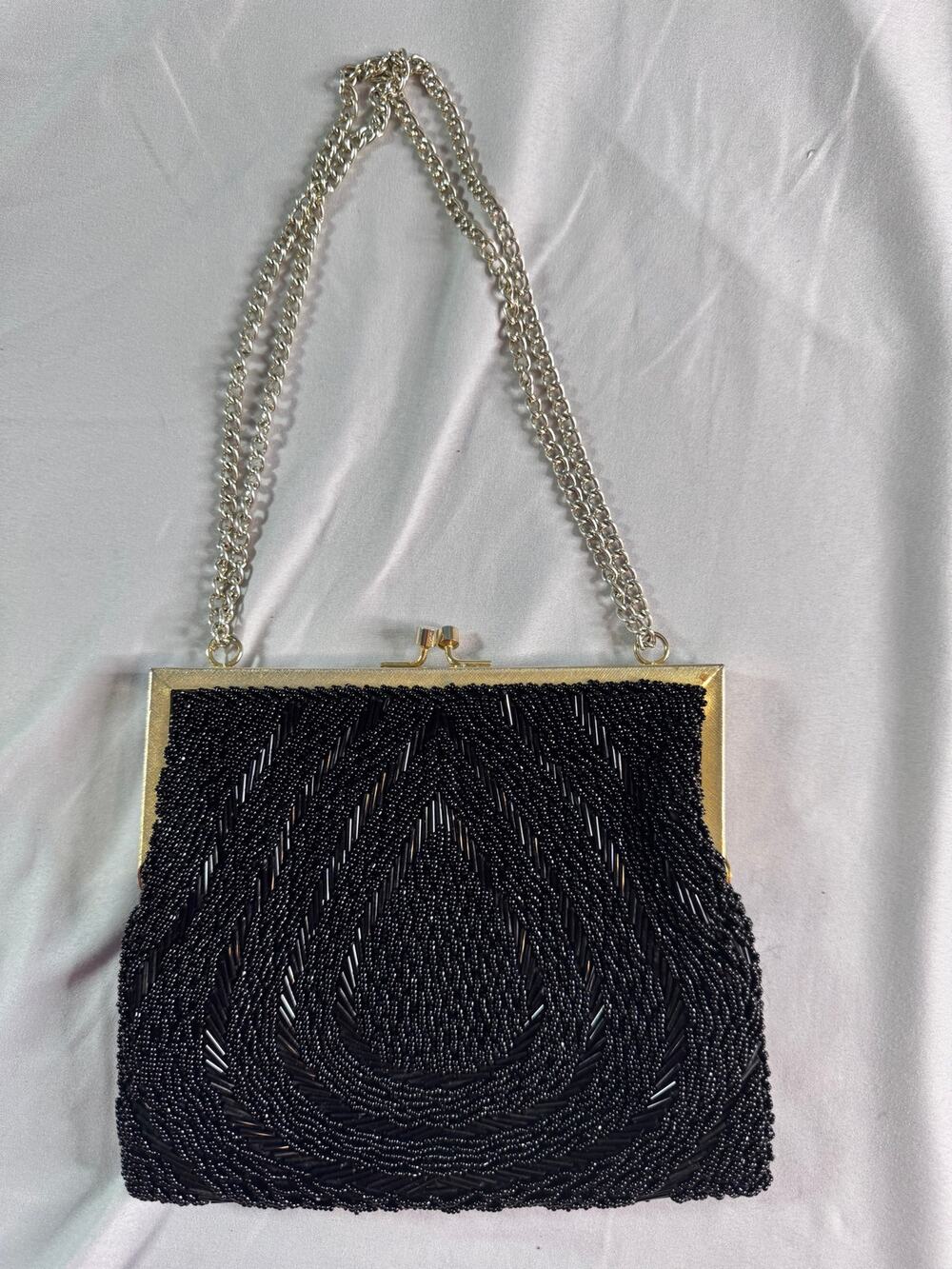 Vintage Hong Kong Black Beaded Evening Bag Adjustable Chain Strap Gold Frame